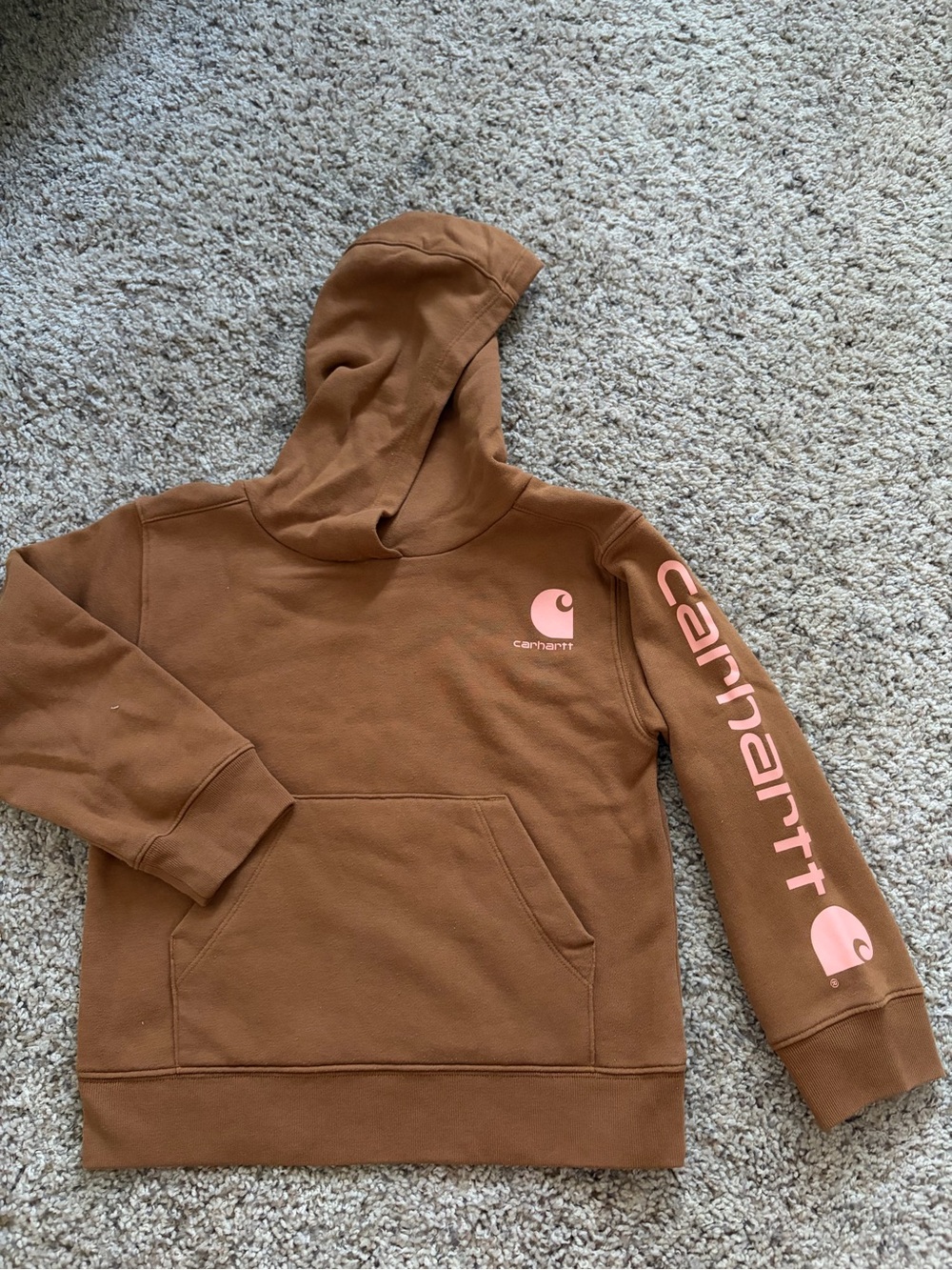 Carhartt Kids Brown Hoodie with Pink Logo and Sleeve Script